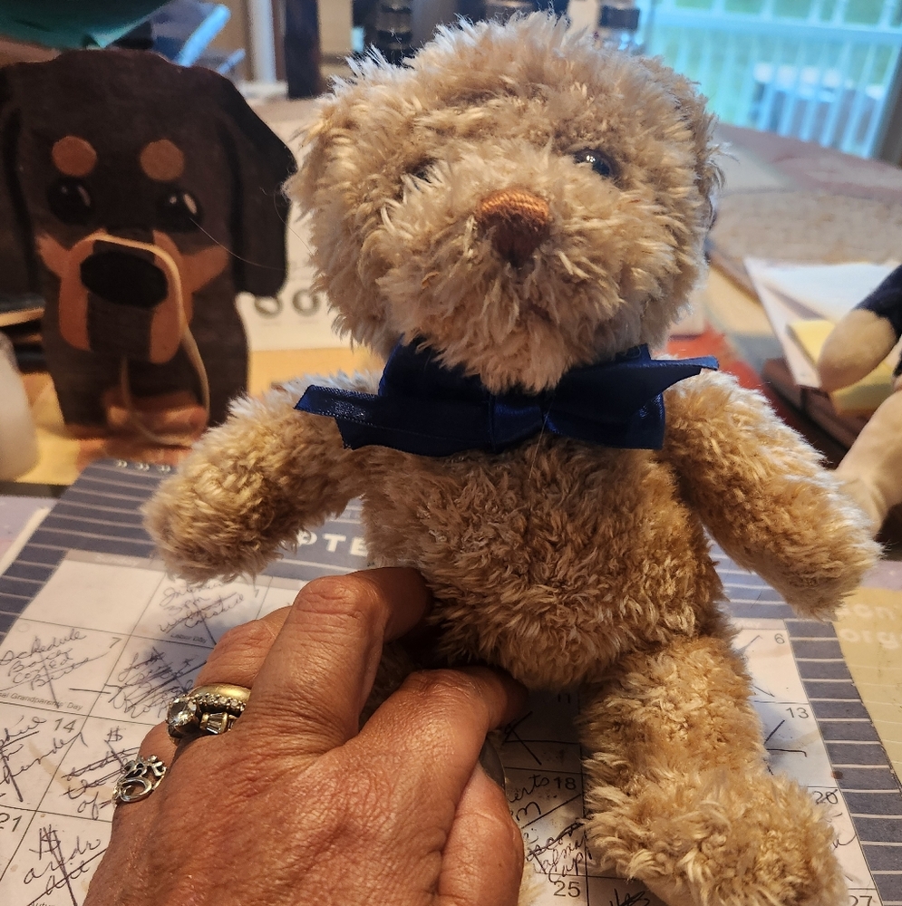 Plush Dog Toy with Blue Bow